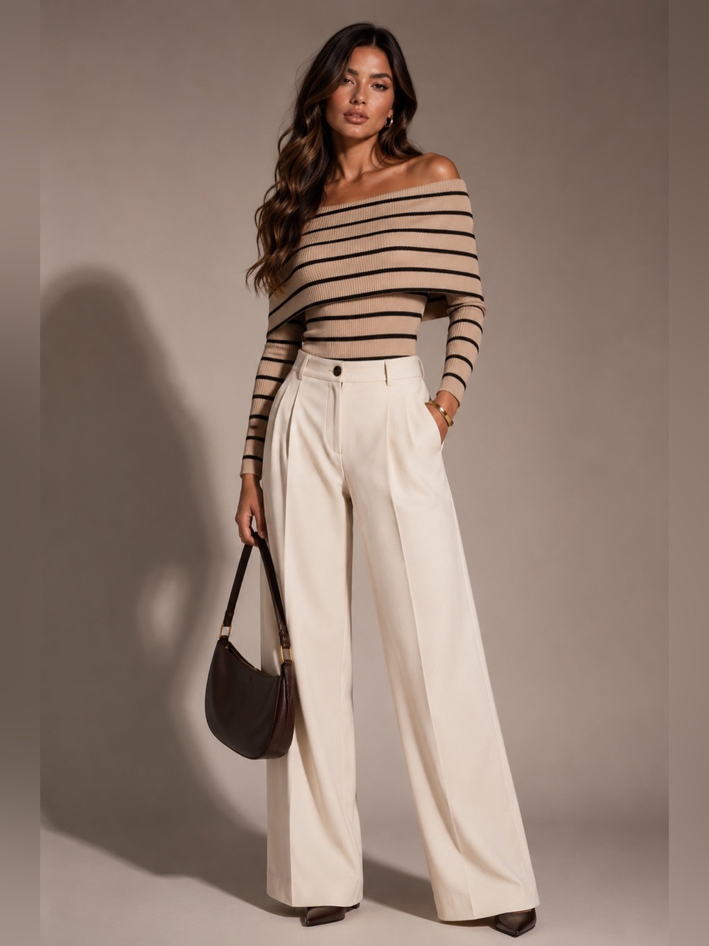 Striped Off-Shoulder Sweater - Black and Tan